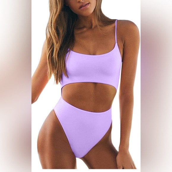 Meyeeka One Piece Swimsuit Scoop Neck Cut Out Front Lace Up Back High Cut - Picture 3 of 6